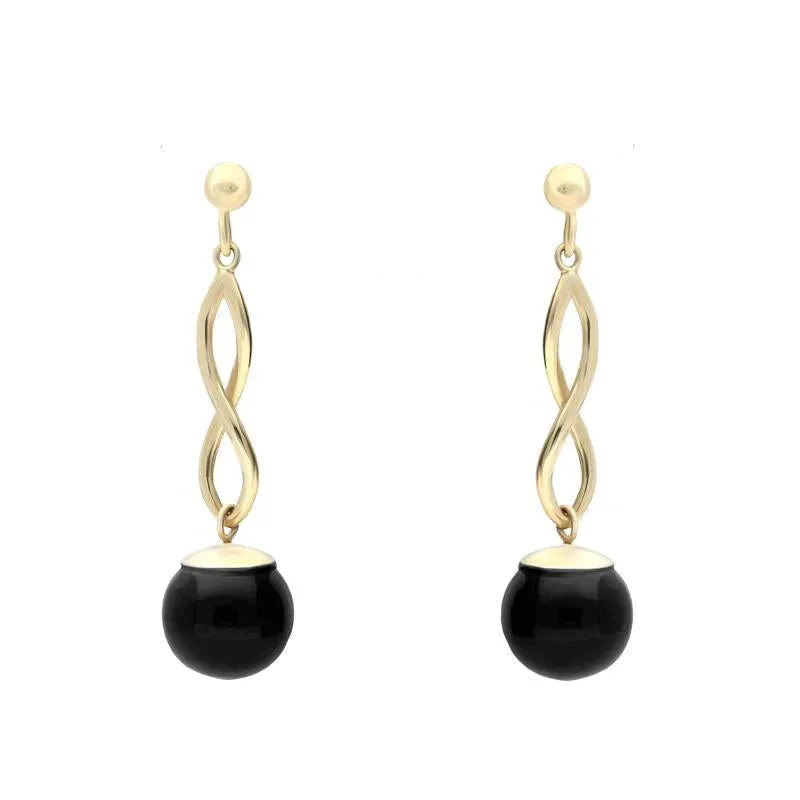 9ct Yellow Gold Whitby Jet 8mm Bead Twist Drop Earrings