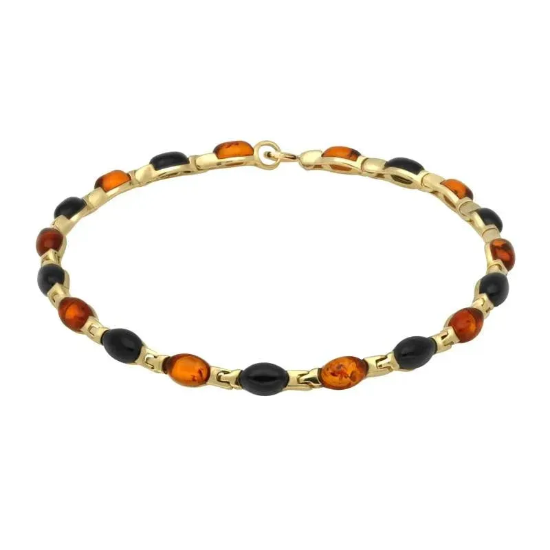 9ct Yellow Gold Whitby Jet Amber Nineteen Stone Marquise Link Bracelet D