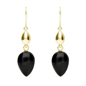9ct Yellow Gold Whitby Jet Carved Pear Bead Drop Hook Earrings