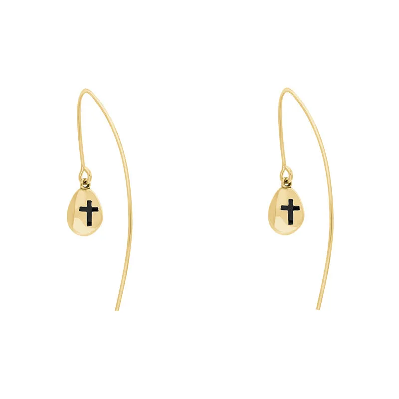 9ct Yellow Gold Whitby Jet Cross Disc Drop Earrings