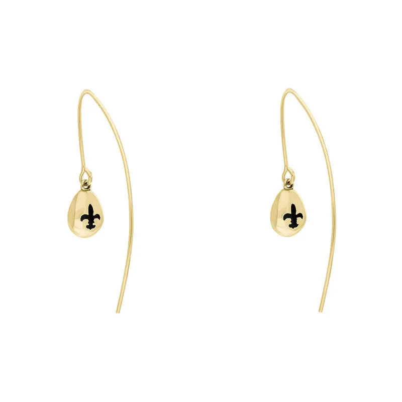 9ct Yellow Gold Whitby Jet Fleur De Lis Disc Drop Earrings