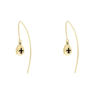 9ct Yellow Gold Whitby Jet Fleur De Lis Disc Drop Earrings