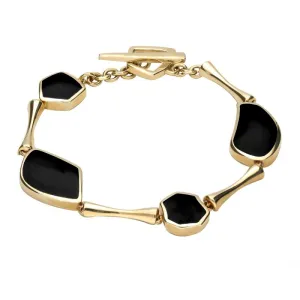 9ct Yellow Gold Whitby Jet Four Stone Concave Pentagon T Bar Bracelet