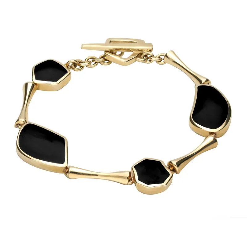 9ct Yellow Gold Whitby Jet Four Stone Concave Pentagon T Bar Bracelet