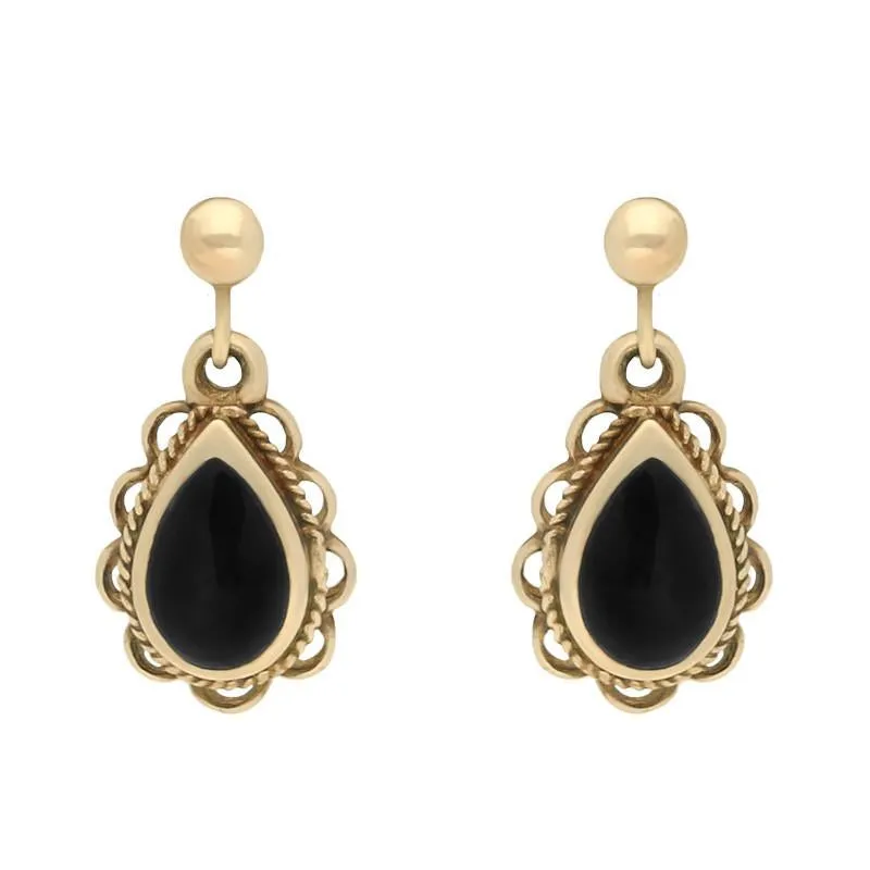 9ct Yellow Gold Whitby Jet Pear Rope Frill Drop Earrings