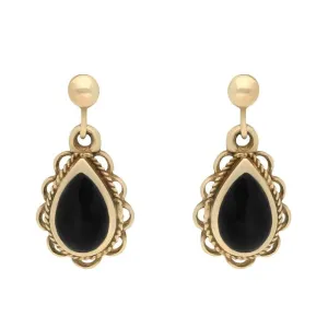9ct Yellow Gold Whitby Jet Pear Rope Frill Drop Earrings