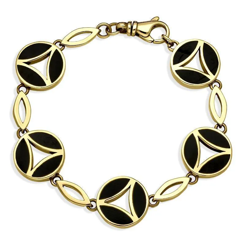 9ct Yellow Gold Whitby Jet Round Three Stone Link Bracelet D