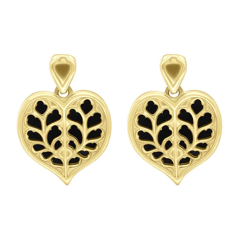 9ct Yellow Gold Whitby Jet York Minster Heart Stud Drop Earrings