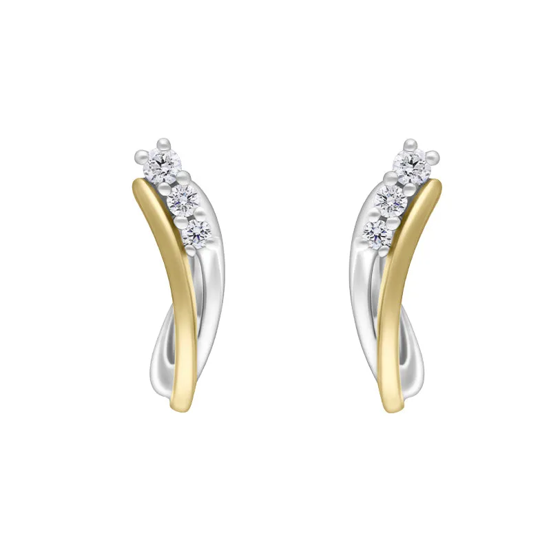 9ct Yellow White Gold Diamond 14x10mm Twisted Horseshoe Hoop Earrings