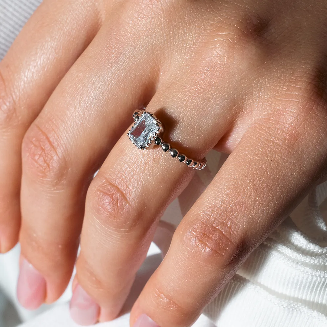 April Sterling Silver 925 Rhodium Plated Beaded Shank Square Center Birthstone Ring - BGR01081APR