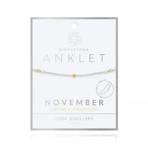 Birthstone November Yellow Quartz Silver 26cm Adjustable Anklet 4210