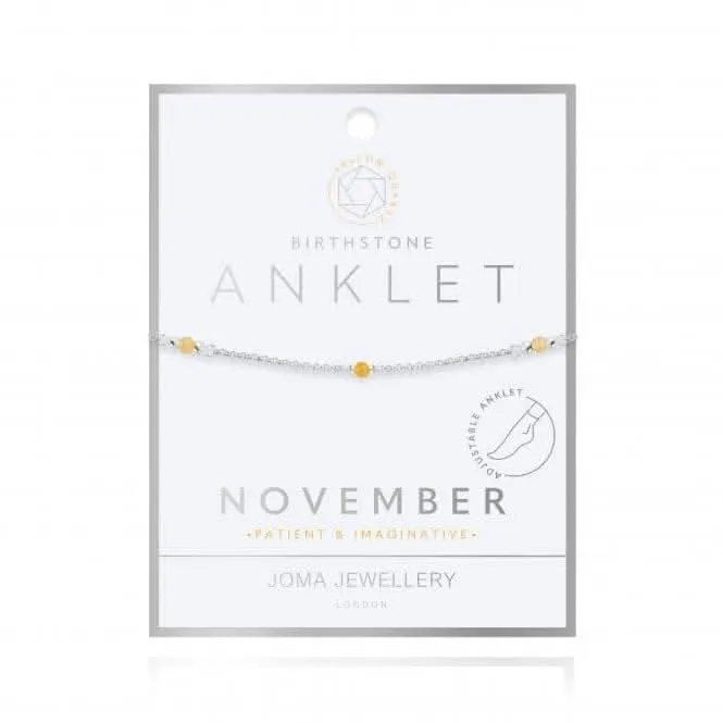 Birthstone November Yellow Quartz Silver 26cm Adjustable Anklet 4210