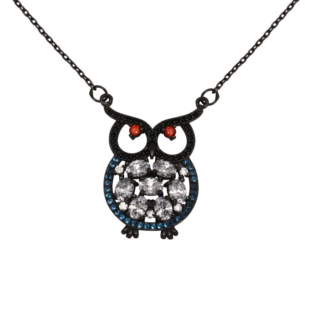 Black Rhodium Plated 925 Sterling Silver Multi-Colored Owl CZ Necklace - BGP01270