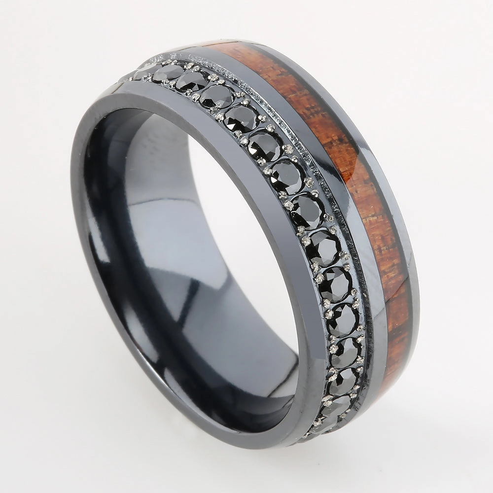 Black Titanium Hawaiian Koa Wood Inlaid with Black CZ Oval Wedding Ring 8mm