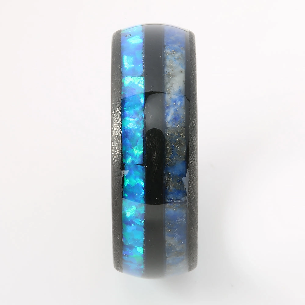 Black Tungsten Lapis Lazuli and Opal Inlaid Double Row Oval Wedding Ring 8mm