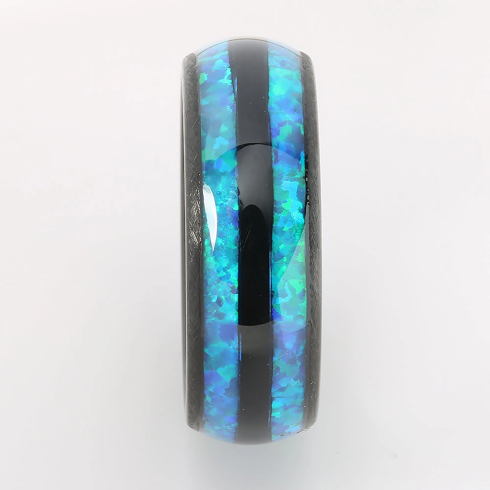 Black Tungsten Opal Inlaid Double Row Oval Wedding Ring 8mm