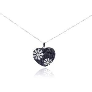 Clearance-Silver 925 Black and Rhodium Plated Flower Design Black Heart CZ Necklace - BGP00175