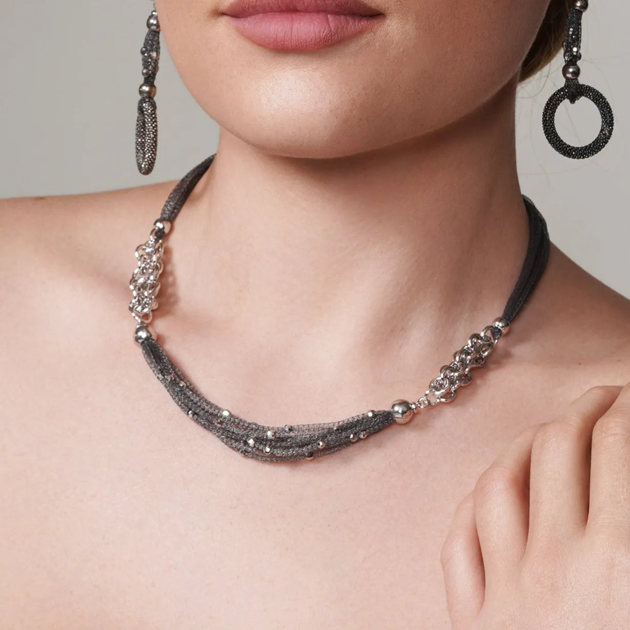 Clearance-Silver 925 Black Rhodium Plated Beaded Mesh Strand Necklace - ECN00012