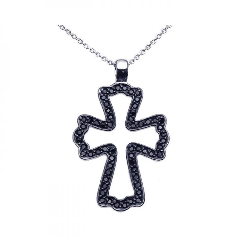 Clearance-Silver 925 Black Rhodium Plated Black CZ Cross Pendant Necklace - STP00936