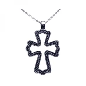 Clearance-Silver 925 Black Rhodium Plated Black CZ Cross Pendant Necklace - STP00936