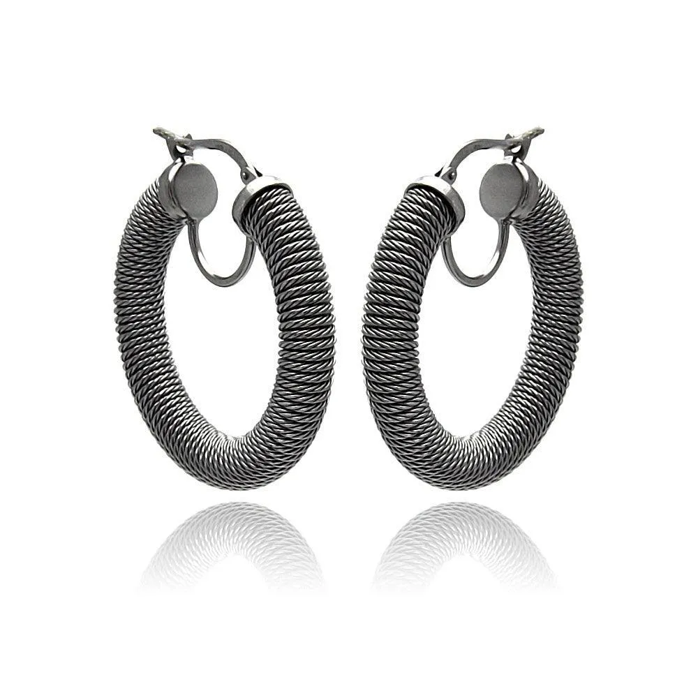 Clearance-Silver 925 Black Rhodium Plated Italian Hoop Earrings - ITE00030BLK