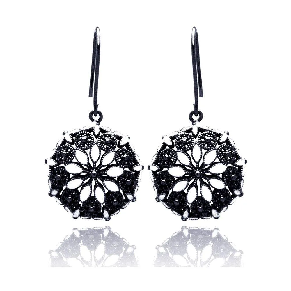 Clearance-Silver 925 Black Rhodium Plated Round Marquis Clear CZ Dangling Hook Earrings - BGE00193