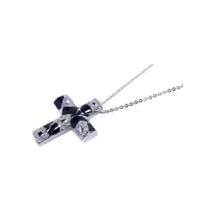 Clearance-Silver 925 Clear CZ Black Enamel Rhodium Plated Cross Pendant Necklace - BGP00057
