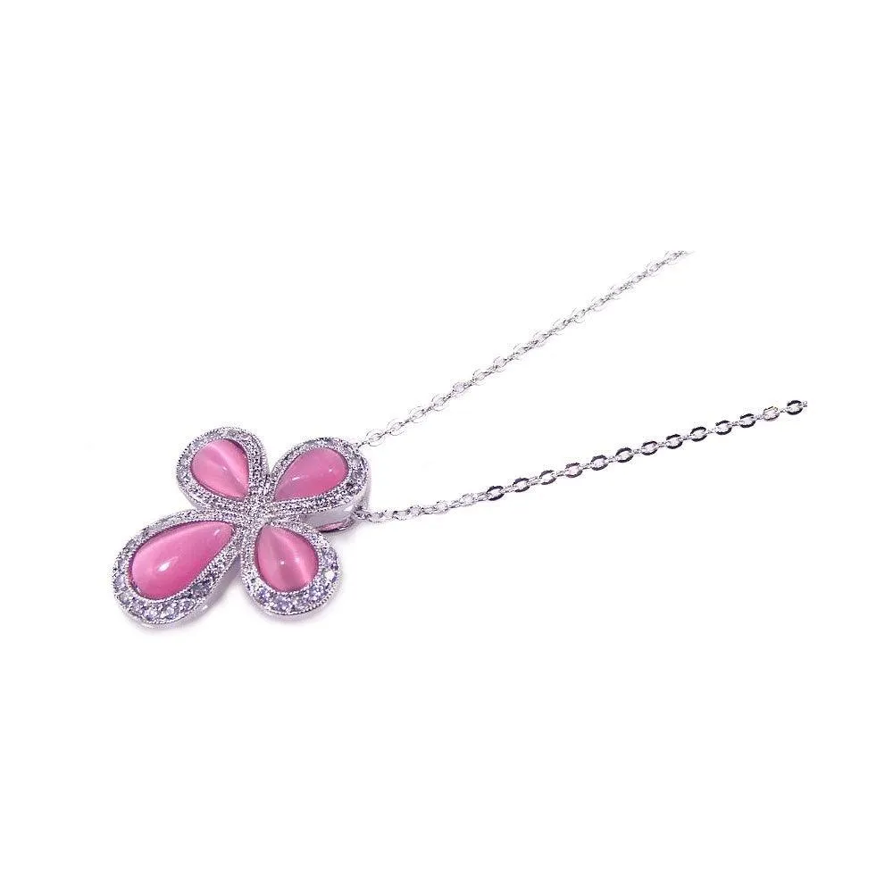 Clearance-Silver 925 Clear CZ Pink Cat Eye Rhodium Plated Cross Pendant Necklace - BGP00119