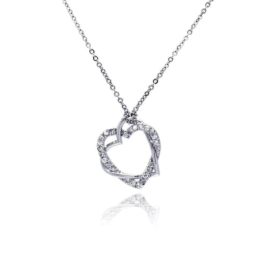 Clearance-Silver 925 Clear CZ Rhodium Plated Braided Heart Pendant Necklace - BGP00029