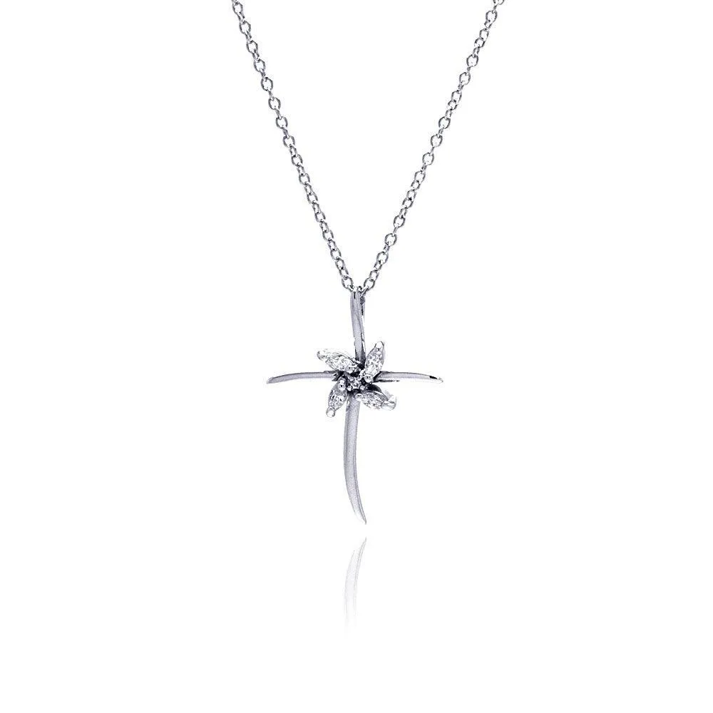 Clearance-Silver 925 Clear CZ Rhodium Plated Cross Pendant Necklace - BGP00077