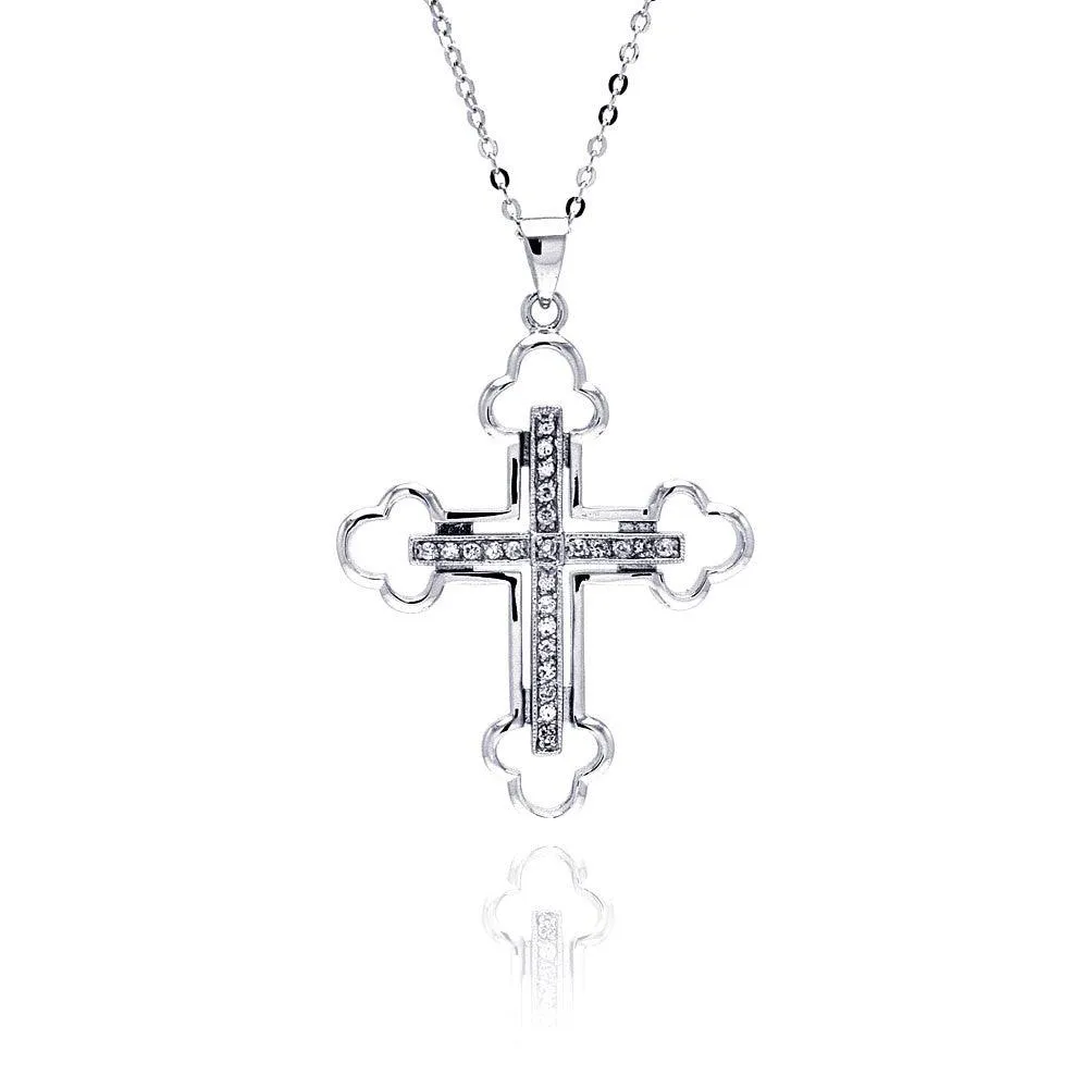 Clearance-Silver 925 Clear CZ Rhodium Plated Cross Pendant Necklace - BGP00159