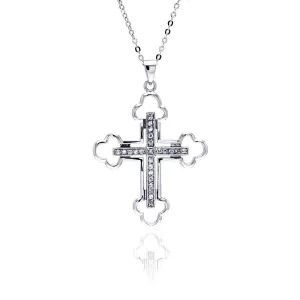 Clearance-Silver 925 Clear CZ Rhodium Plated Cross Pendant Necklace - BGP00159