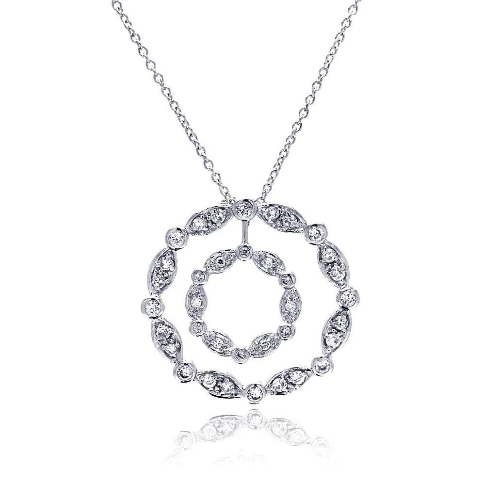 Clearance-Silver 925 Clear CZ Rhodium Plated Double Circle Pendant Necklace - STP00357