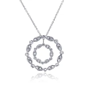 Clearance-Silver 925 Clear CZ Rhodium Plated Double Circle Pendant Necklace - STP00357