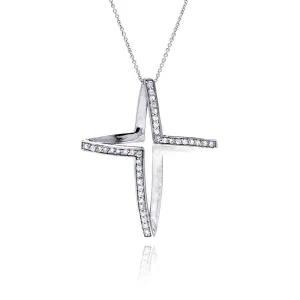 Clearance-Silver 925 Clear CZ Rhodium Plated Fancy Cross Pendant Necklace - STP00015