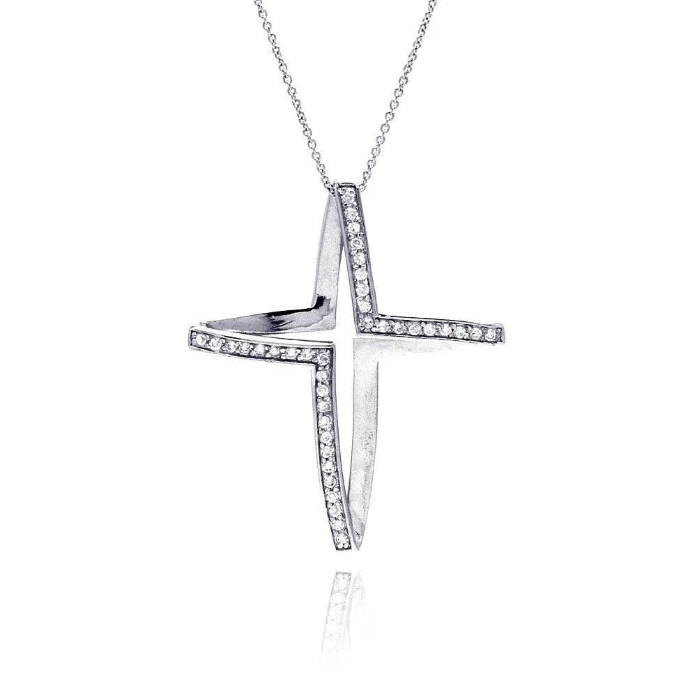 Clearance-Silver 925 Clear CZ Rhodium Plated Fancy Cross Pendant Necklace - STP00015