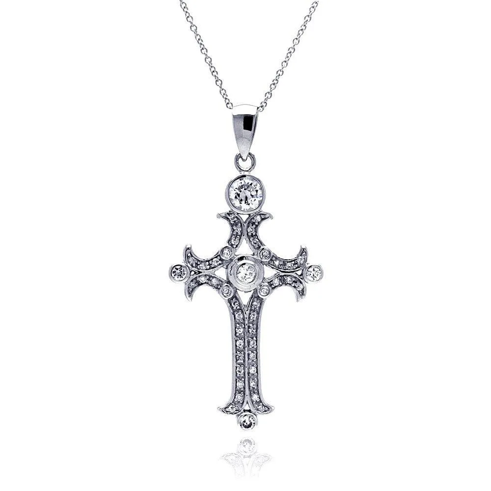 Clearance-Silver 925 Clear CZ Rhodium Plated Fancy Cross Pendant Necklace - STP00111