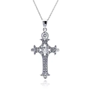 Clearance-Silver 925 Clear CZ Rhodium Plated Fancy Cross Pendant Necklace - STP00111