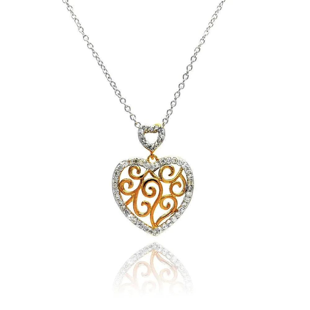 Clearance-Silver 925 Clear CZ Rhodium Plated Heart Cutout Accent Pendant Necklace - STP00380
