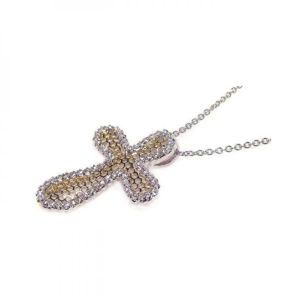 Clearance-Silver 925 Clear CZ Rhodium Plated Multi Hole Cross Pendant Necklace - STP00379