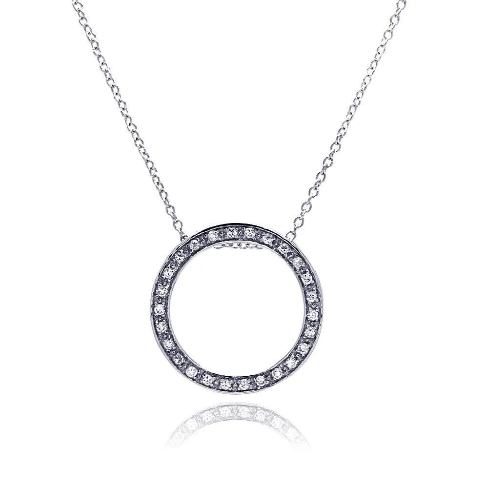 Clearance-Silver 925 Clear CZ Rhodium Plated Round Pendant Necklace - STP00072