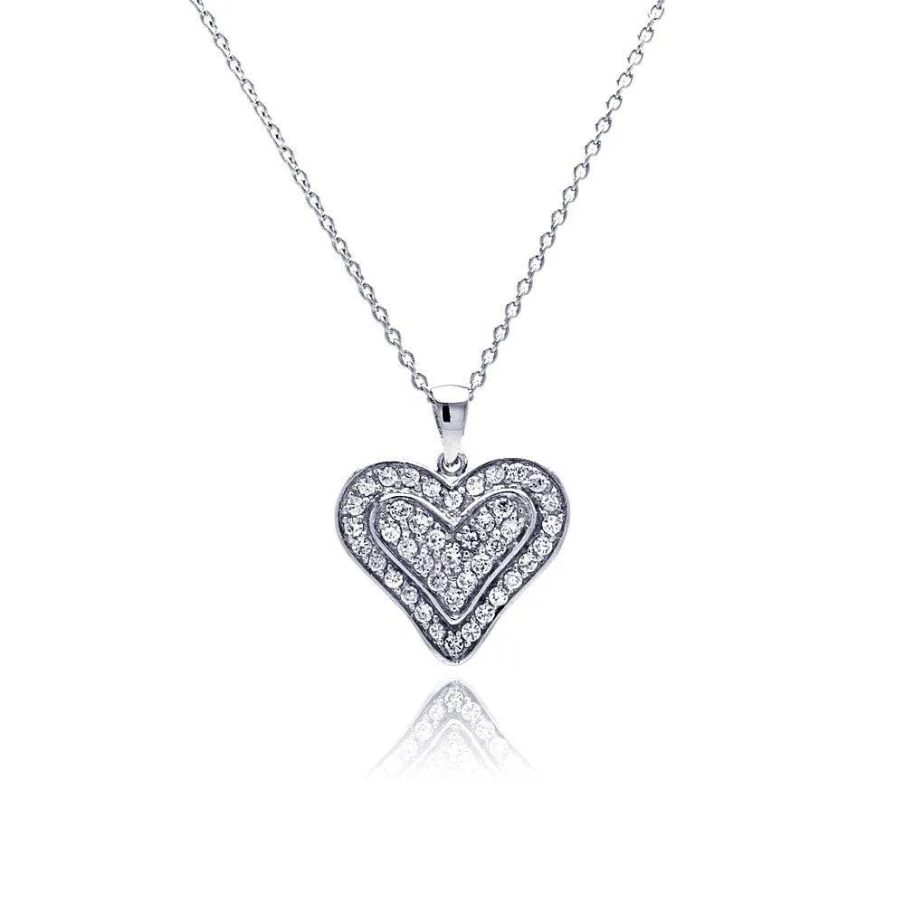Clearance-Silver 925 Clear CZ Rhodium Plated Single Heart Pendant Necklace - STP00110