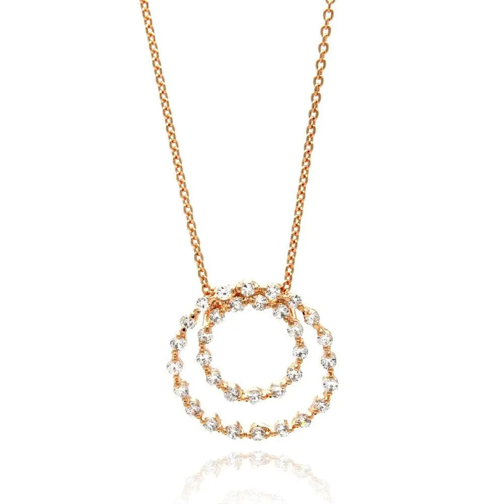 Clearance-Silver 925 Clear CZ Rose Gold Plated Open Circle Pendant Necklace - STP00416RGP