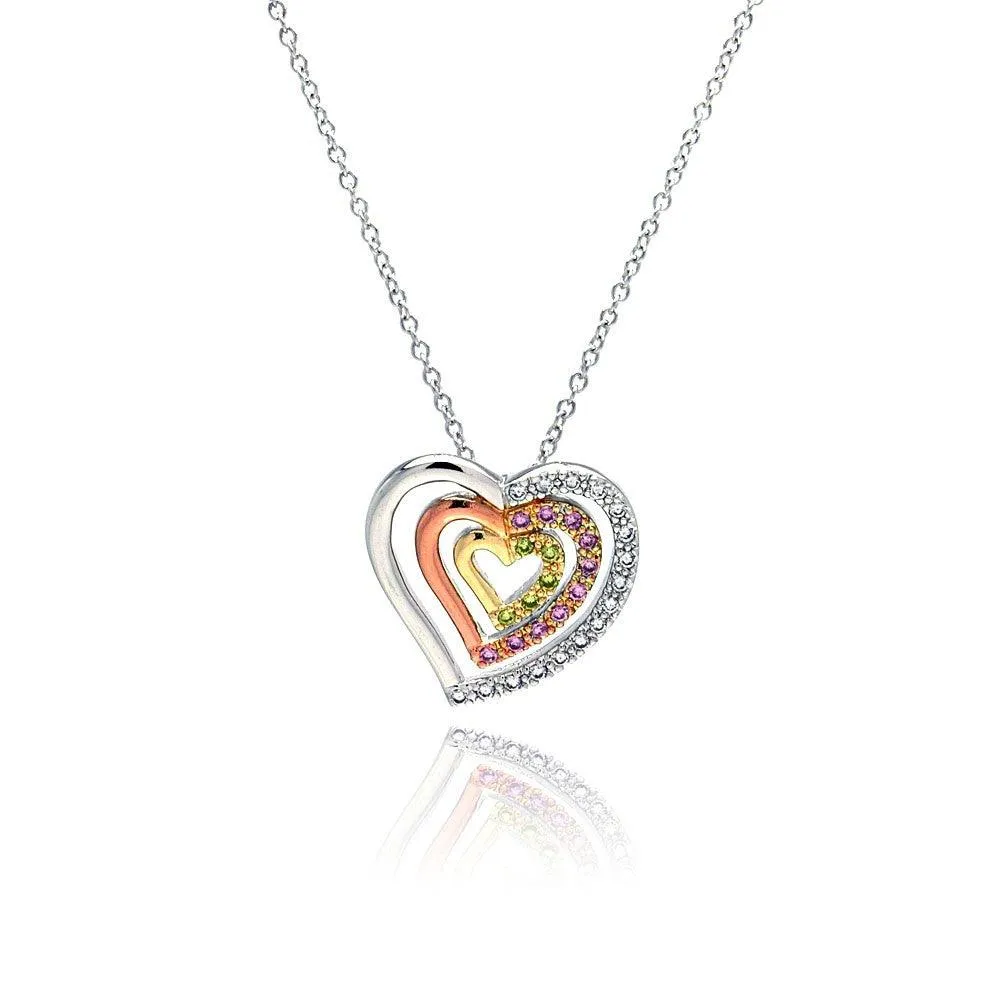 Clearance-Silver 925 Clear Pink Yellow CZ Gold Rose Gold and Rhodium Plated 3 Graduated Heart Pendant Necklace - BGP00056