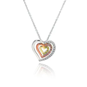 Clearance-Silver 925 Clear Pink Yellow CZ Gold Rose Gold and Rhodium Plated 3 Graduated Heart Pendant Necklace - BGP00056