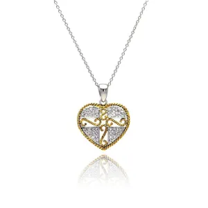 Clearance-Silver 925 Gold and Silver Rhodium Plated Micro Pave Heart Filigree CZ Dangling Necklace - STP00520