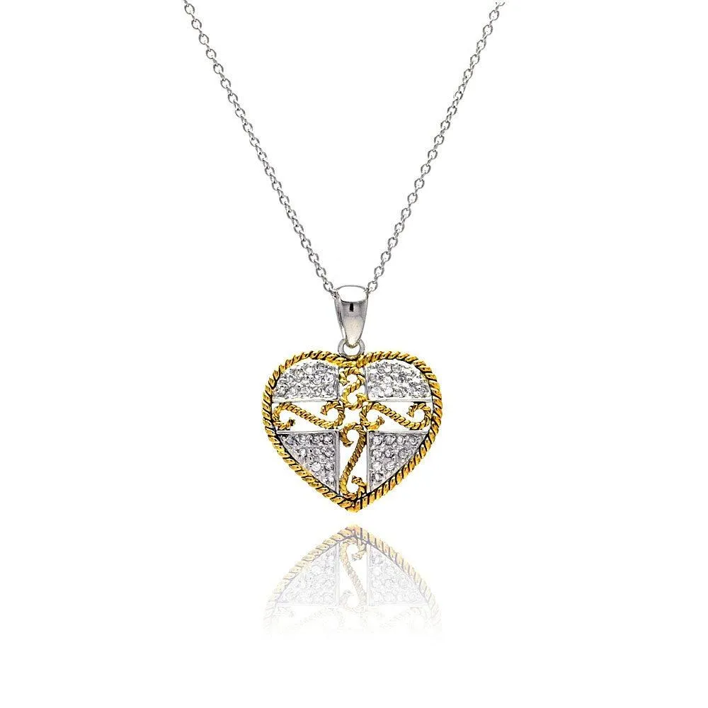 Clearance-Silver 925 Gold and Silver Rhodium Plated Micro Pave Heart Filigree CZ Dangling Necklace - STP00520