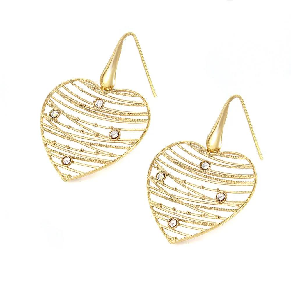 Clearance-Silver 925 Gold Plated Webbed Open Heart Earrings - ITE00064GP