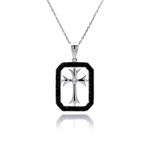 Clearance-Silver 925 Rhodium and Black Rhodium Plated Black CZ Cross Necklace - STP00516BLK