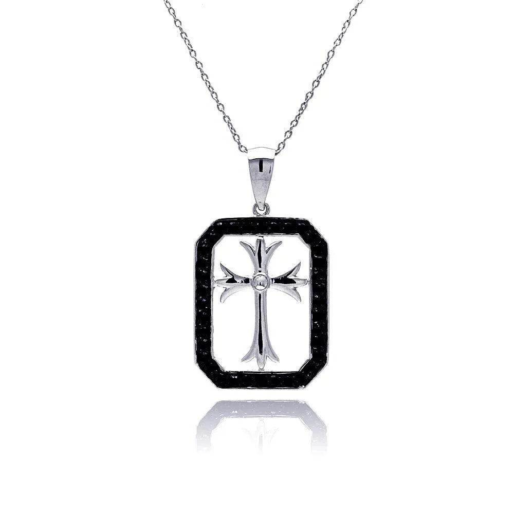 Clearance-Silver 925 Rhodium and Black Rhodium Plated Black CZ Cross Necklace - STP00516BLK